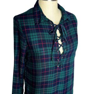 Hyped Unicorn Top Womens Size M Black Watch Plaid Lace Up Front Flannel